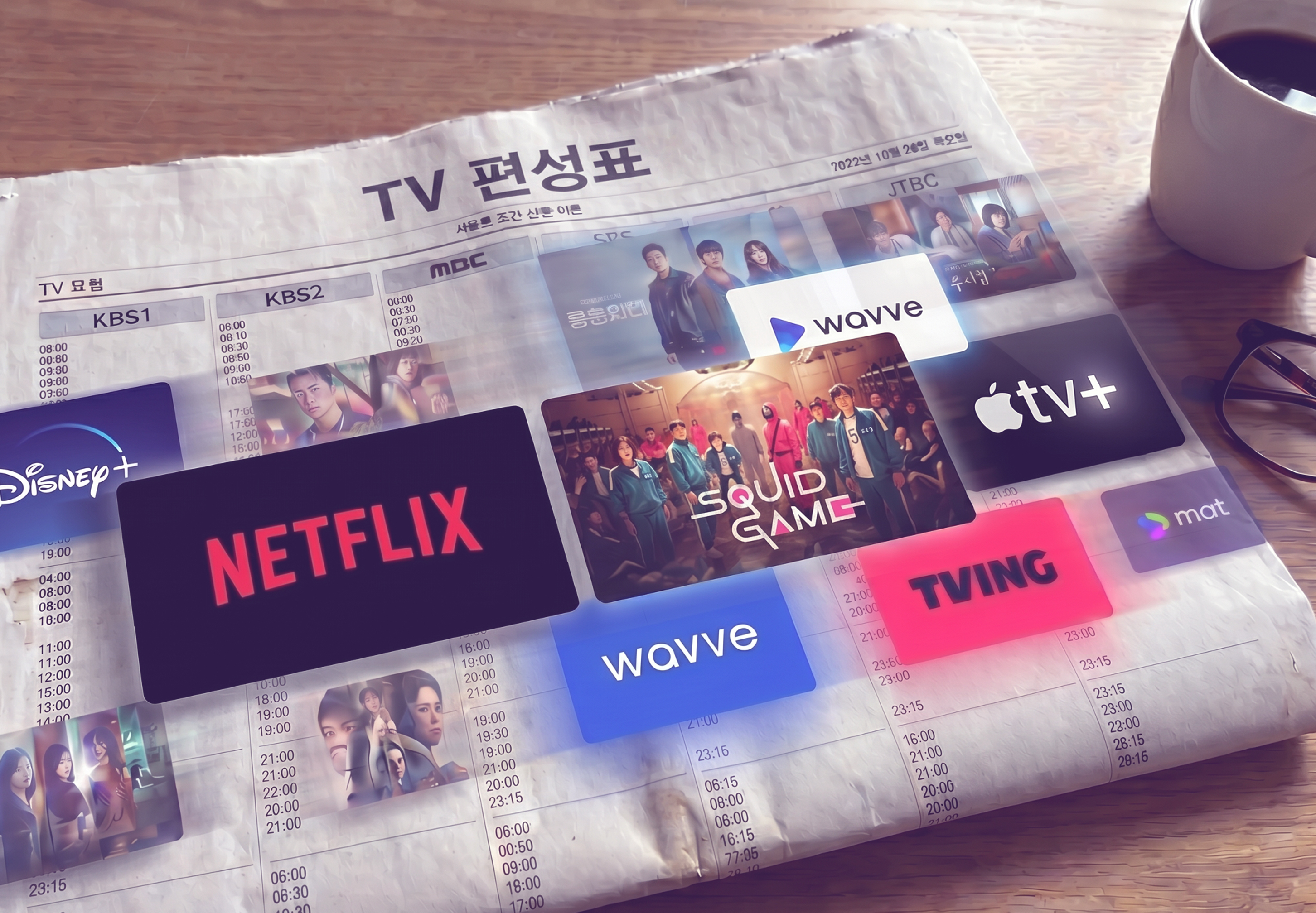 OTT 플랫폼(넷플릭스·디즈니+·애플 TV+·웨이브·티빙) 로고가 겹쳐진 신문 TV 편성표 — 편성표가 사라지는 시대를 상징한다